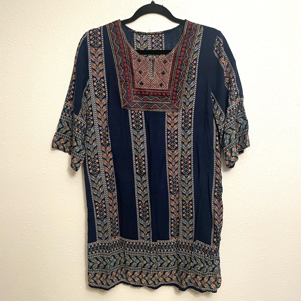 Women’s Boho Embroidered Floral Navy Tunic Dress Relaxed Fit Size Large